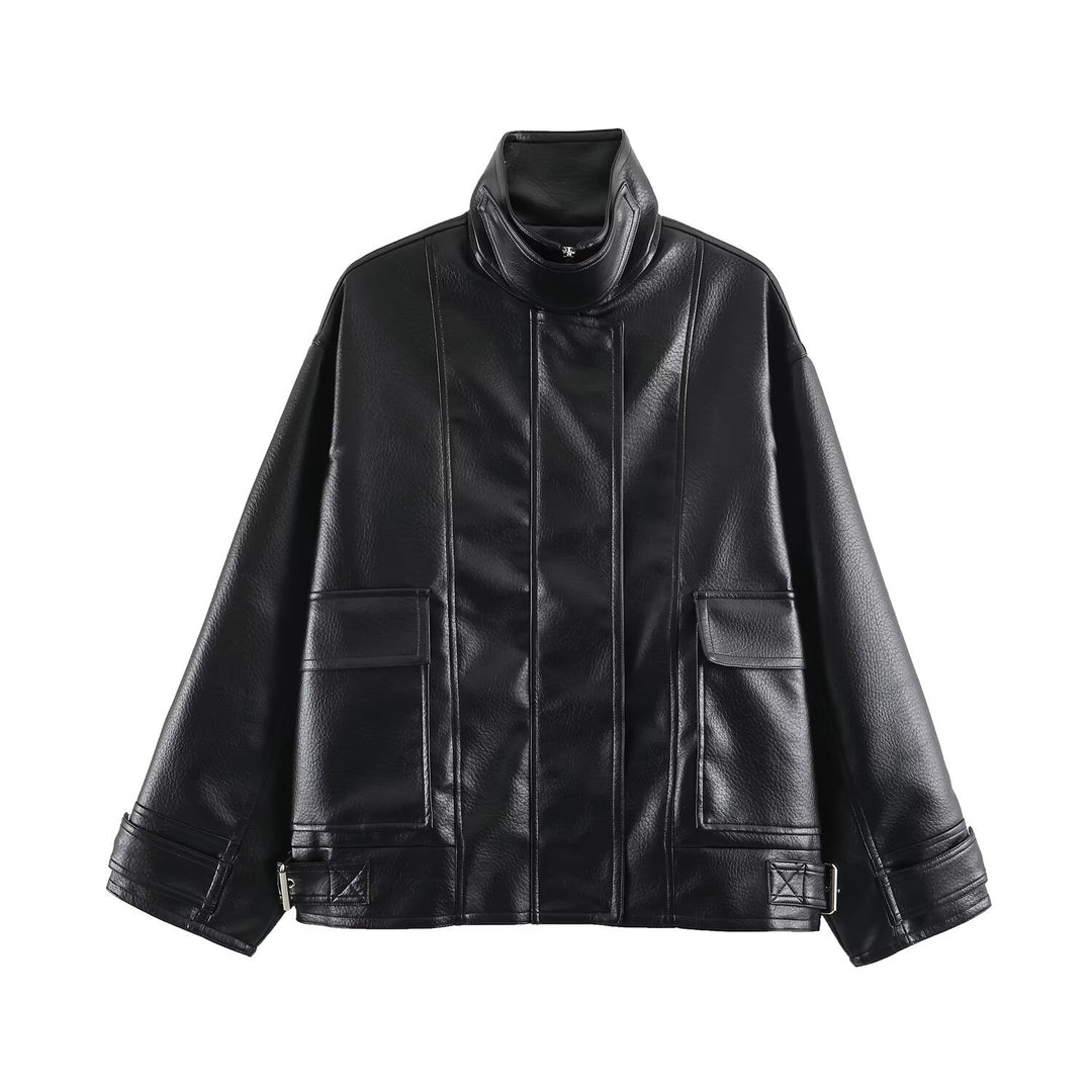 Damen Oversize Kunstlederjacke mit hohem Stehkragen, aufgesetzten Taschen und verstellbaren Schnallen Nord Taschen