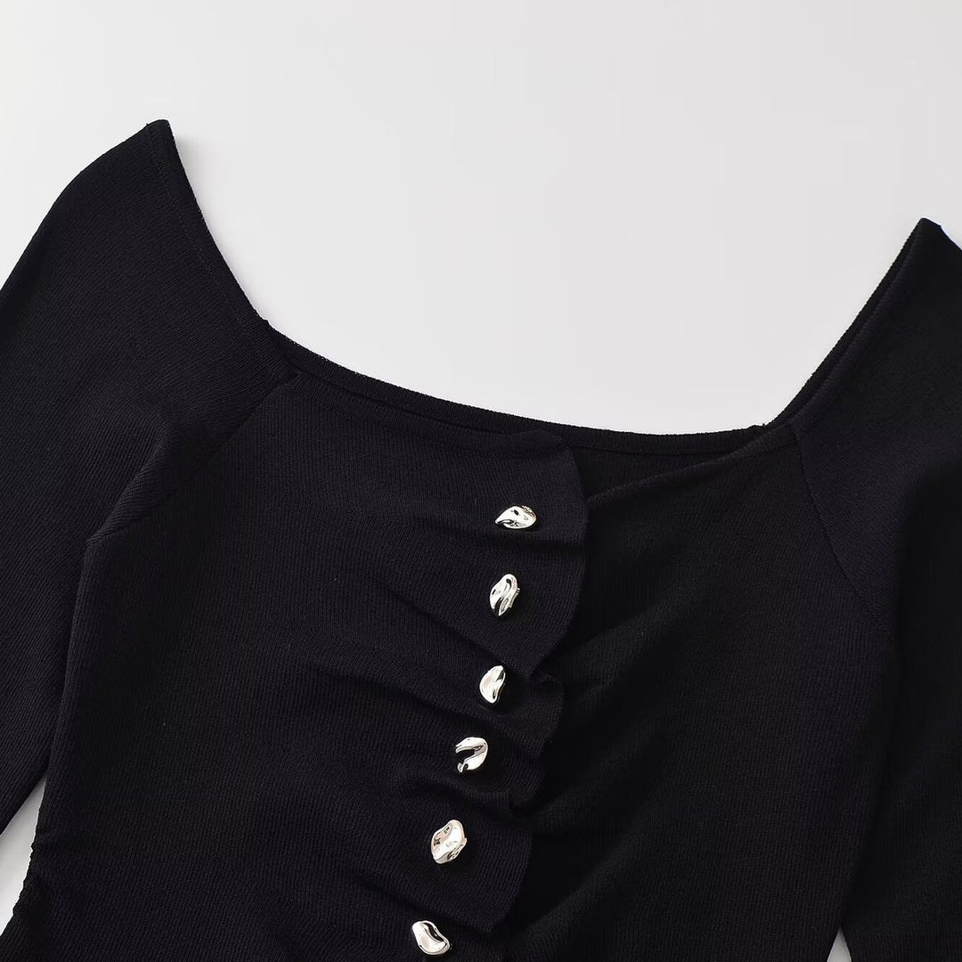 Damen Gerüschtes Langarm-Top mit eckigem Ausschnitt, asymmetrischer Knopfleiste und Schößchen Nord Taschen