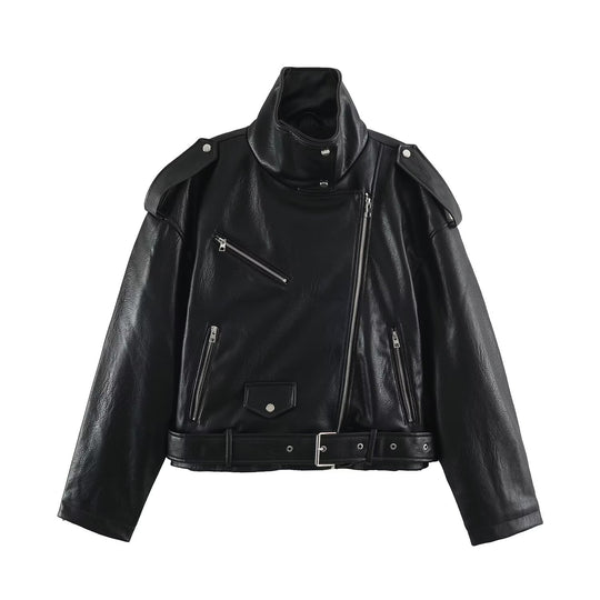 Herren Biker-Lederjacke mit hohem Stehkragen, Schulterklappen und Taillengürtel Nord Taschen