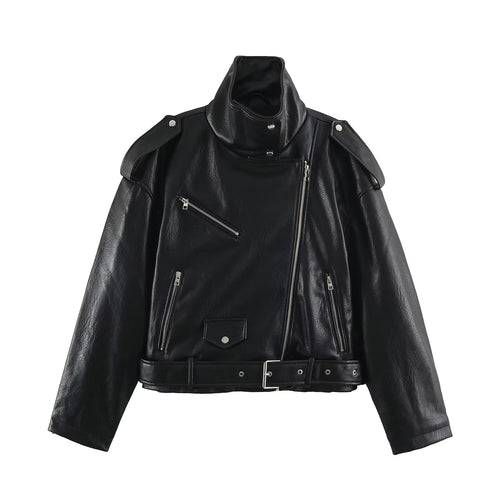 Herren Biker-Lederjacke mit hohem Stehkragen, Schulterklappen und Taillengürtel Nord Taschen
