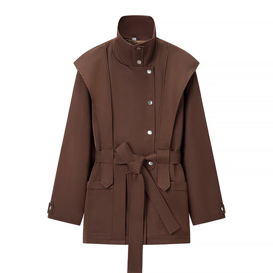 Damen Taillierte Übergangsjacke mit Stehkragen, Schultercape und Bindegürtel Nord Taschen