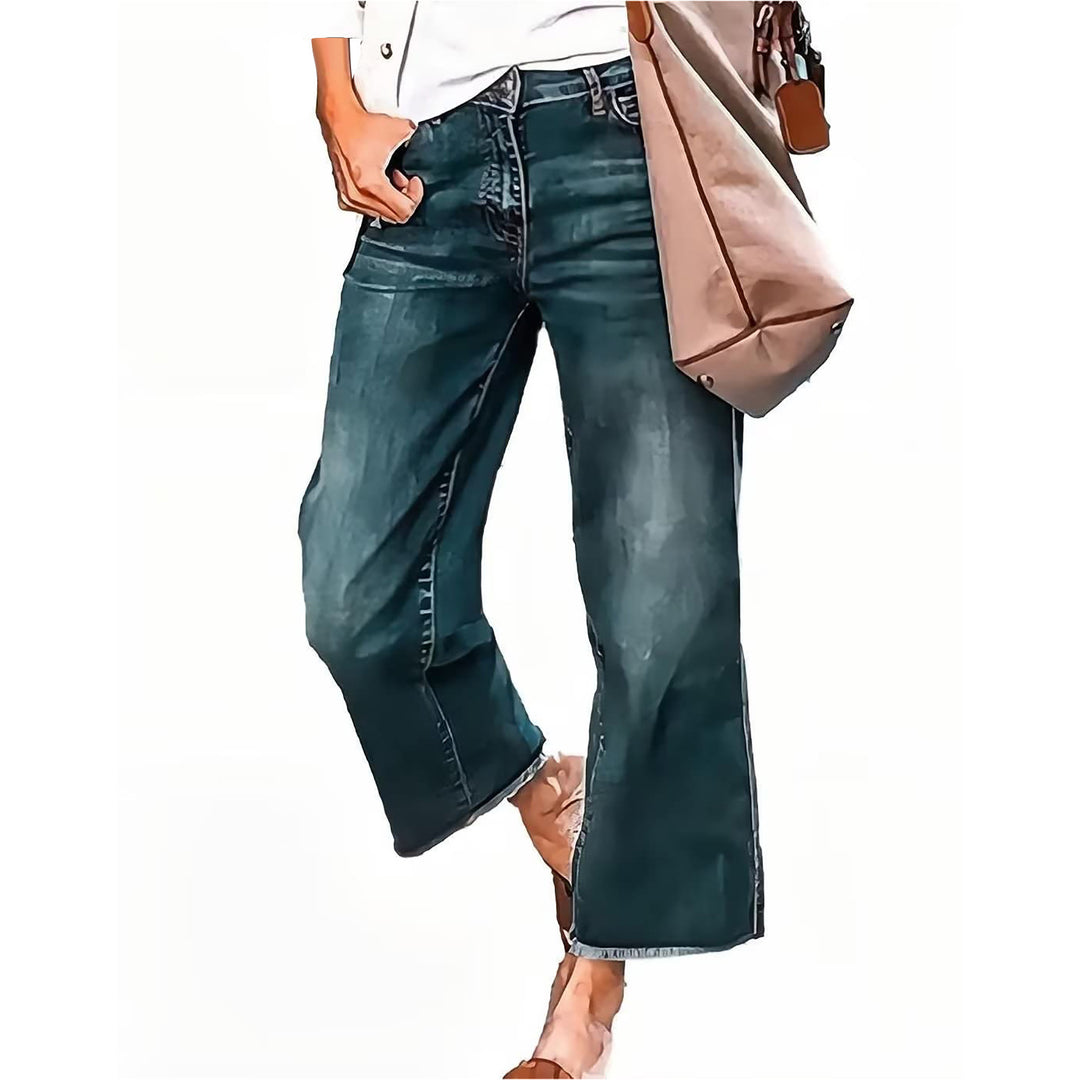 Damen weite knöchellange Jeans mit hohem Bund und rohem Saum Nord Taschen