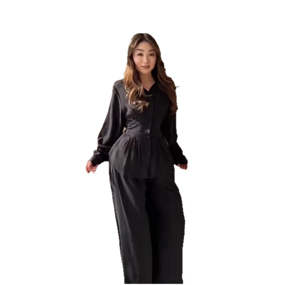 Damen Elegantes zweiteiliges Satin-Loungewear-Set mit taillierter Bluse und weitem Hosenbein Nord Taschen