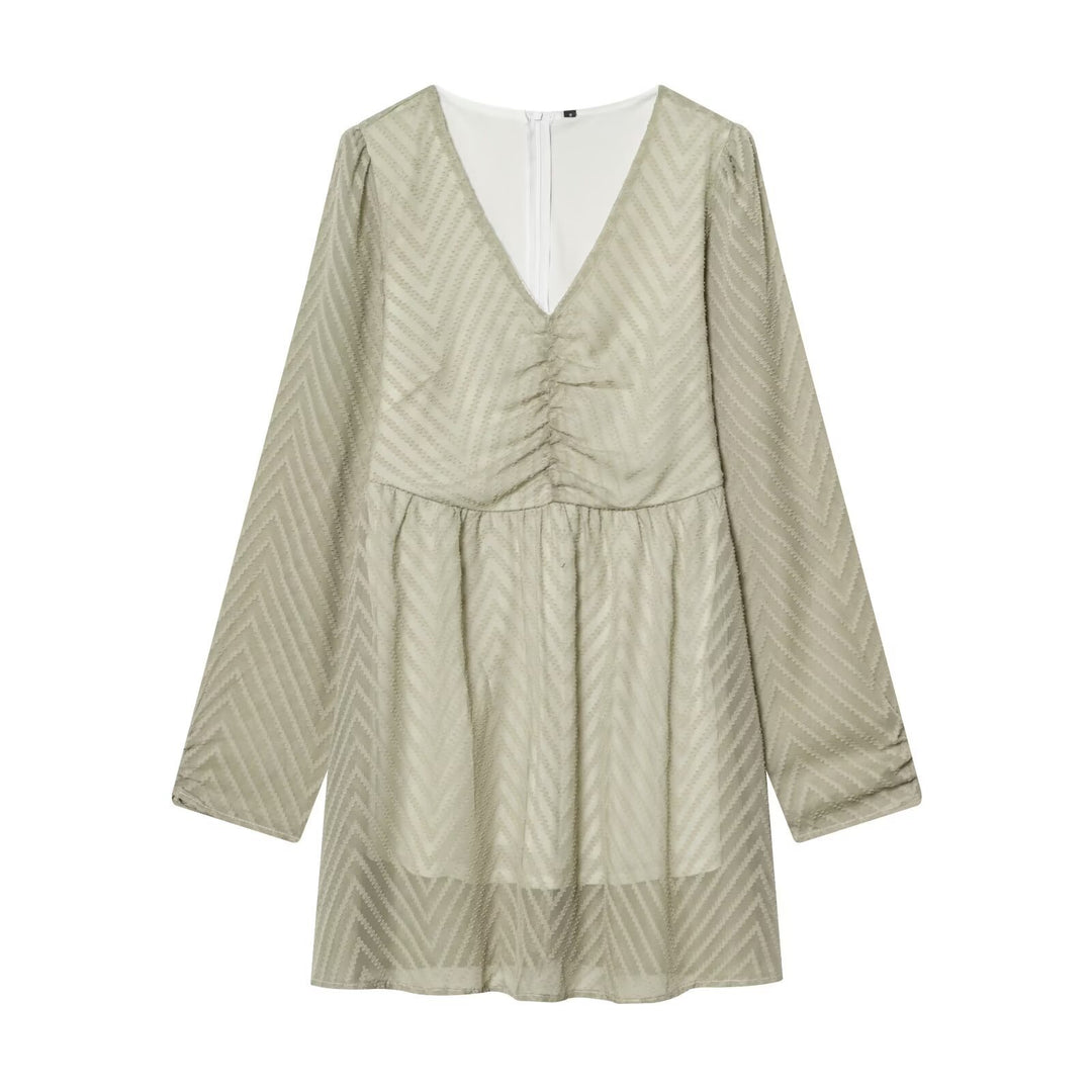 Damen V‑Ausschnitt Mini‑Kleid mit Jacquardstruktur und geraffter Taille Nord Taschen