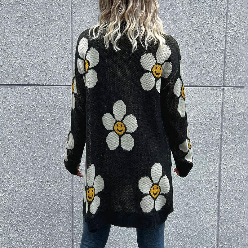 Damen Langer Blumenjacquard-Strickcardigan mit Oversize-Ärmeln und Rippbund Nord Taschen