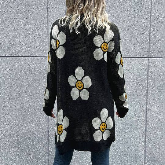 Damen Langer Blumenjacquard-Strickcardigan mit Oversize-Ärmeln und Rippbund Nord Taschen
