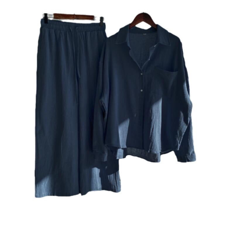 Damen Lockeres Zweiteiliges Viskose-Loungewear-Set mit Hemdbluse und weiter Palazzohose Nord Taschen
