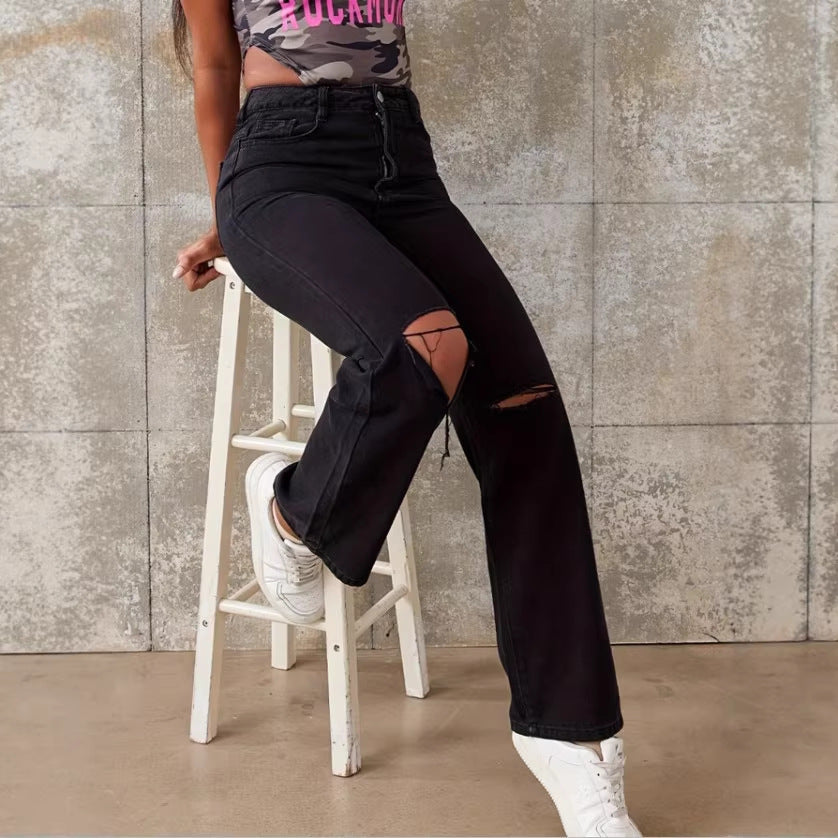 Damen High-Waist Straight-Jeans mit weitem Bein, Knie-Rip und strukturierter Denim-Optik Nord Taschen
