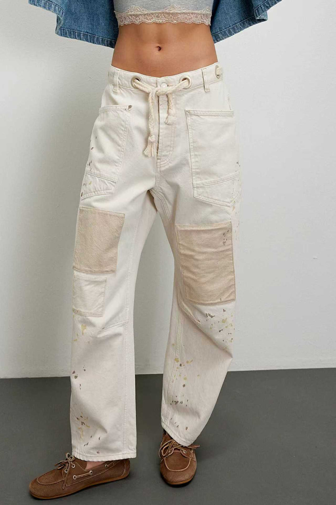 Damen hochgeschnittene Jeans im weiten Schnitt mit aufgesetzten Taschen und Kordelzug Nord Taschen