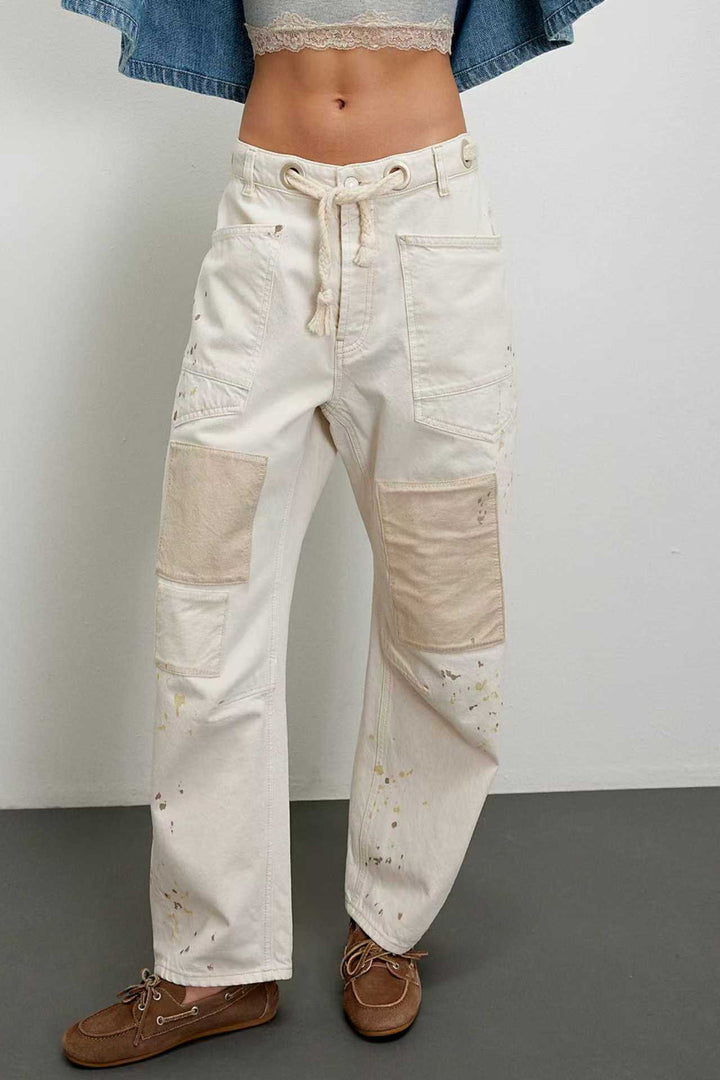 Damen hochgeschnittene Jeans im weiten Schnitt mit aufgesetzten Taschen und Kordelzug Nord Taschen