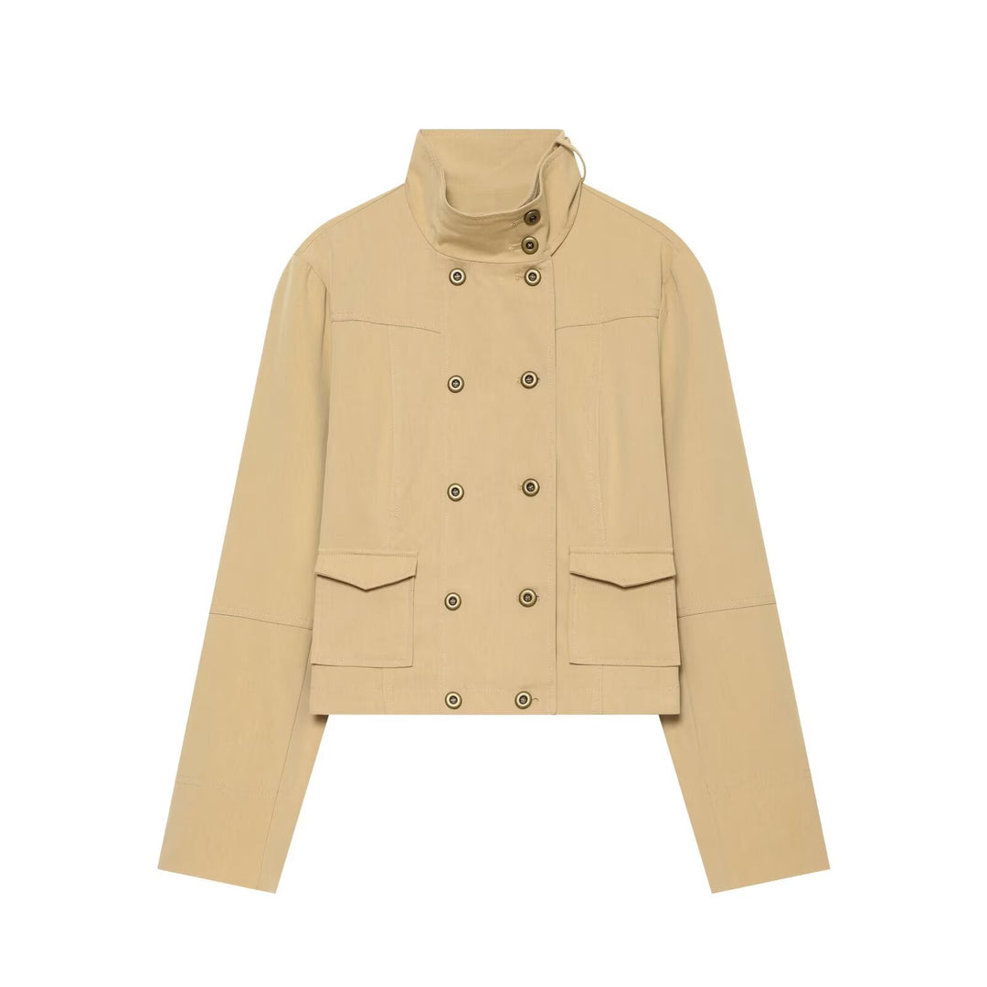 Damen Kurzgeschnittene doppeltreihige Utility-Jacke mit hohem Stehkragen Nord Taschen