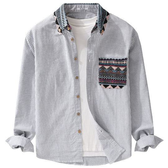 Herren Gestreiftes Baumwollhemd mit Jacquard-Kragen und Taschenbesatz Nord Taschen