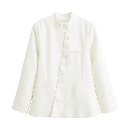 Damen Taillierte Blazer‑Jacke mit Stehkragen, asymmetrischer Knopfleiste und Eingrifftaschen Nord Taschen