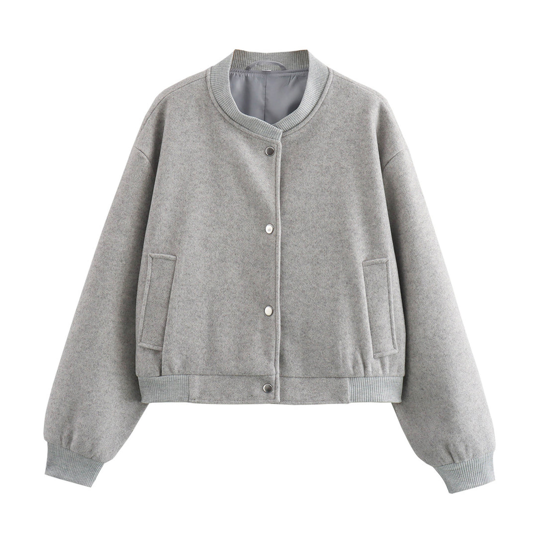 Damen Kurze Oversize-Collegejacke im Wollmix mit Druckknopfverschluss, Eingrifftaschen und Rippenbündchen Nord Taschen