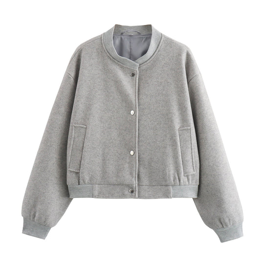 Damen Kurze Oversize-Collegejacke im Wollmix mit Druckknopfverschluss, Eingrifftaschen und Rippenbündchen Nord Taschen