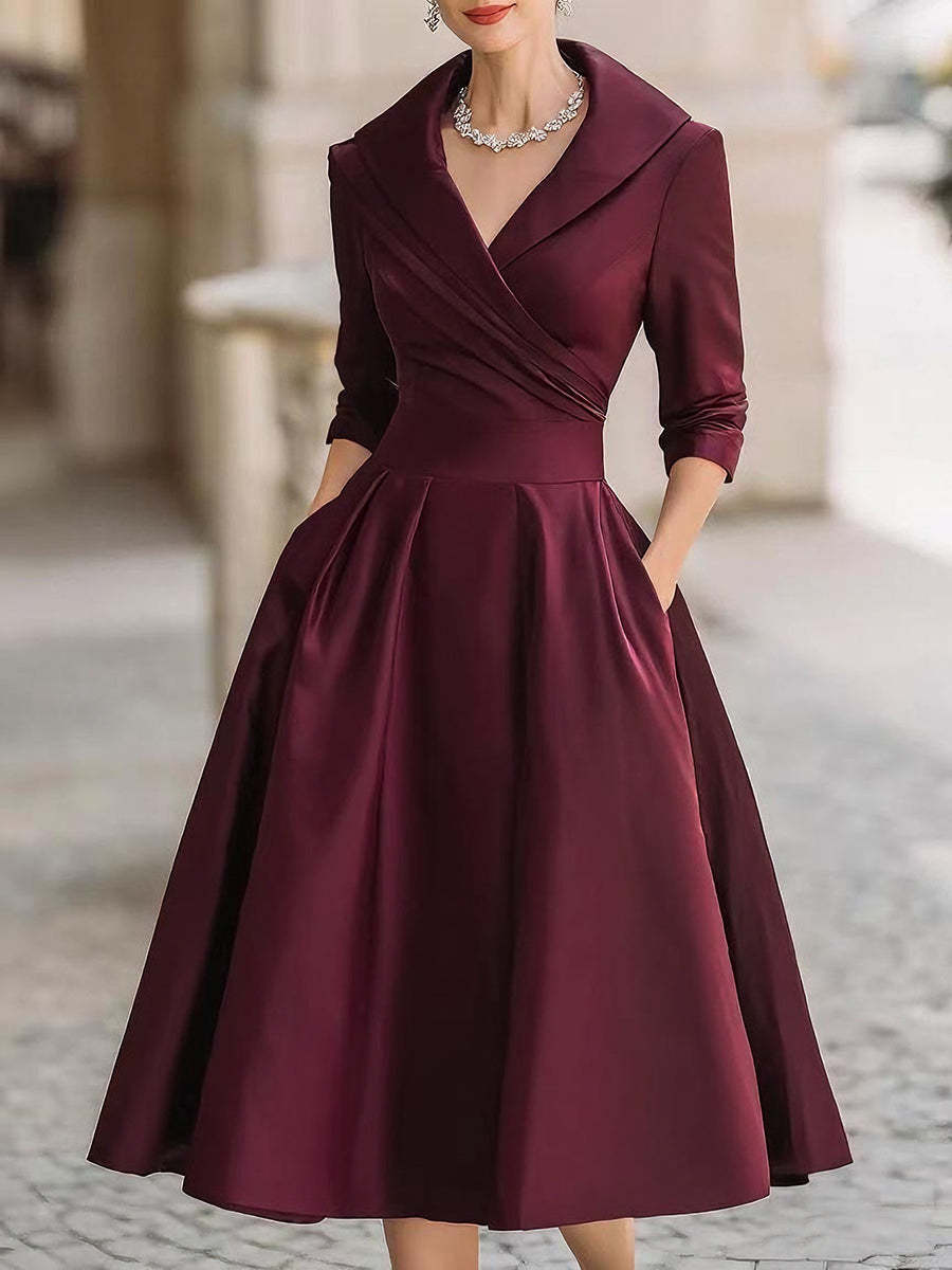 Damen Elegantes Satin-Midikleid mit Wickeloberteil, mittellangen Ärmeln und Eingrifftaschen Nord Taschen