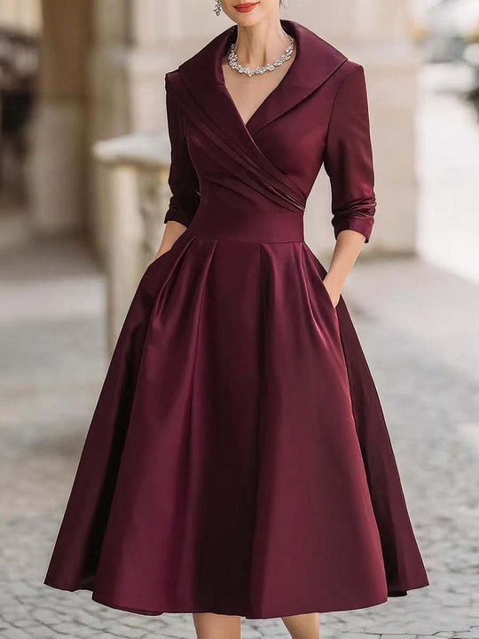 Damen Elegantes Satin-Midikleid mit Wickeloberteil, mittellangen Ärmeln und Eingrifftaschen Nord Taschen