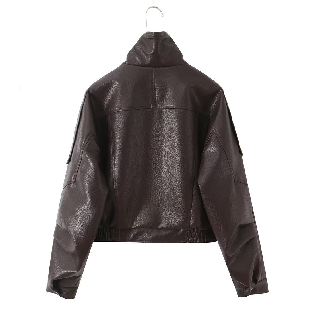 Damen Cropped Bikerblouson aus veganer Lederoptik mit asymmetrischer Frontpatte und Taillenbund Nord Taschen