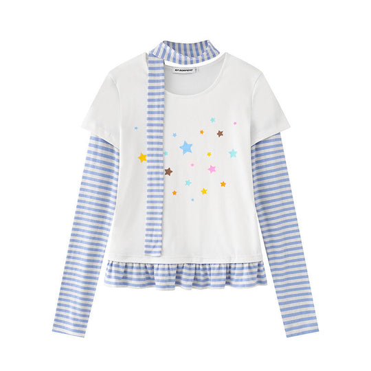 Damen Lagen-Langarmshirt mit Streifen-Ärmeln, Sternenprint, Volant-Saum und Schal-Detail Nord Taschen