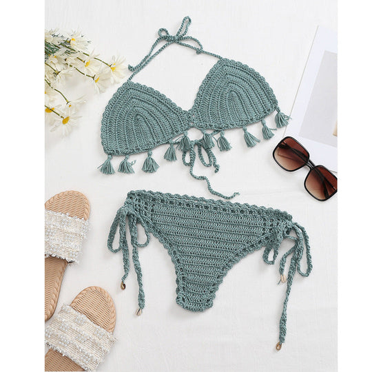 Damen Häkel-Bikini-Set mit fransigen Akzenten und verstellbaren Trägern