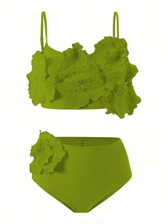 Damen Bikini-Set mit floralem 3D-Design und hochgeschnittenem Unterteil