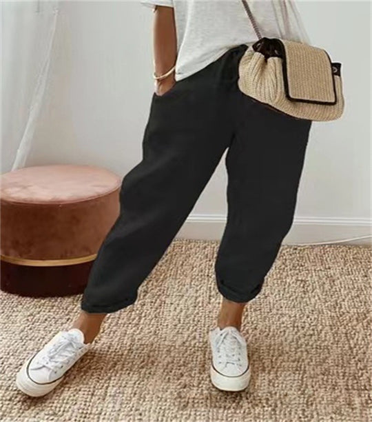 Damen Lässige Leinen-Joggerhose mit hohem Bund, Tunnelzug und gekrempeltem Saum Nord Taschen