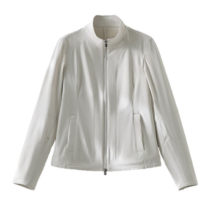 Damen schlichte taillierte Lederjacke mit Stehkragen und Zwei-Wege-Reißverschluss Nord Taschen