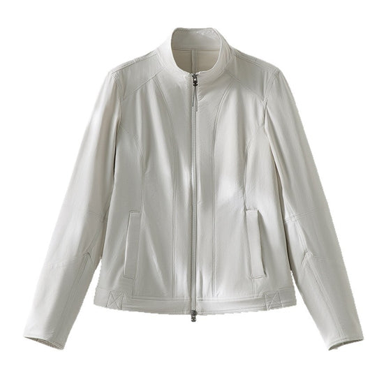 Damen schlichte taillierte Lederjacke mit Stehkragen und Zwei-Wege-Reißverschluss Nord Taschen