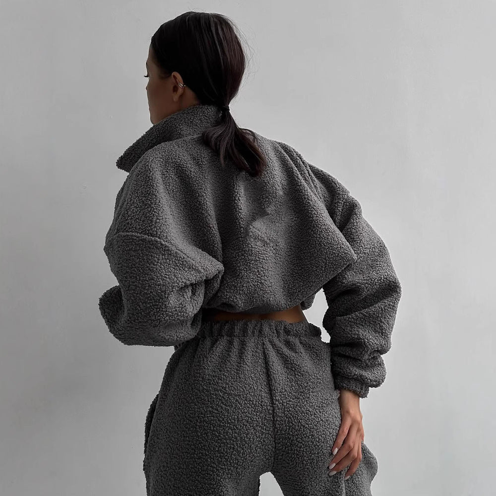 Damen Teddy-Fleece-Loungewear Set mit halbem Reißverschluss elastischem Tunnelzugbund und weitem Bein Arvani