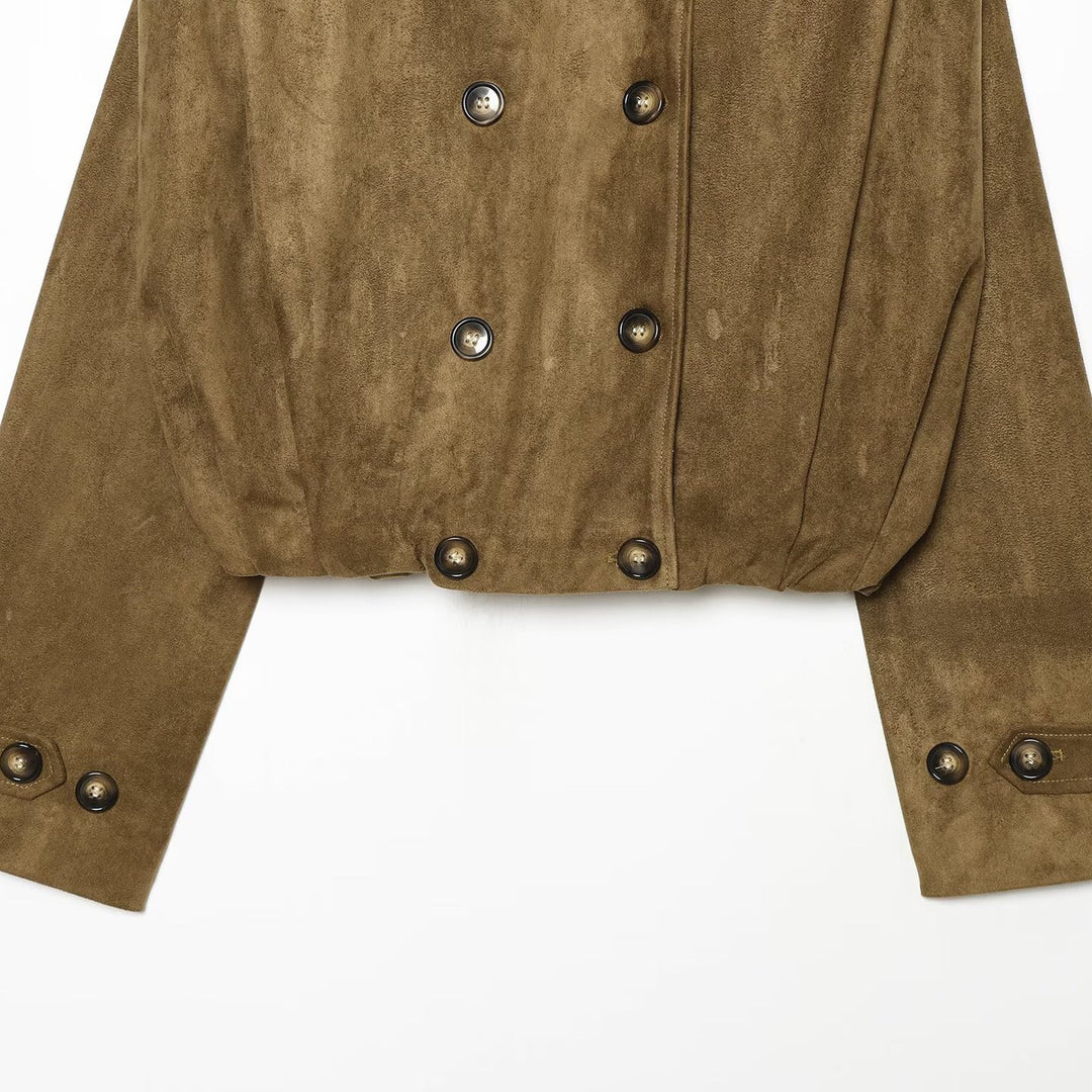 Damen Kurzgeschnittene doppelreihige Wildlederoptik‑Jacke mit Stehkragen und Schulterpatten Nord Taschen
