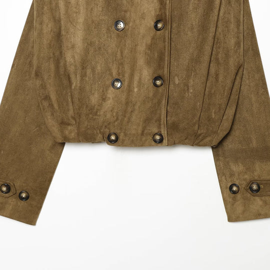 Damen Kurzgeschnittene doppelreihige Wildlederoptik‑Jacke mit Stehkragen und Schulterpatten Nord Taschen