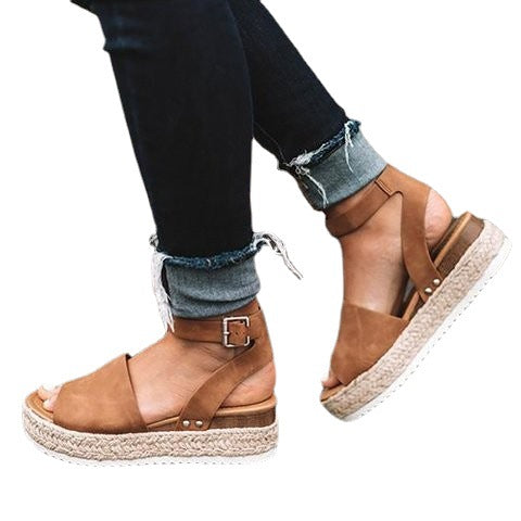 Damen Plateau-Sandalen mit verstellbarem Riemen und jute-artigem Boden