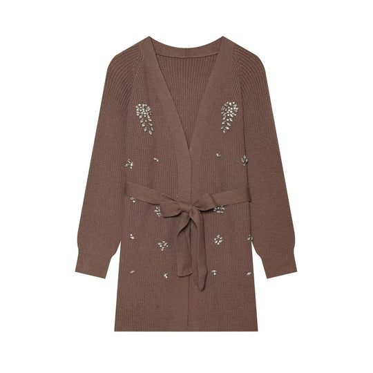 Damen Longcardigan mit Bindegürtel und Schmuckstein‑Applikation Nord Taschen