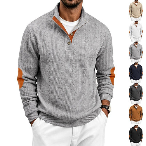 Herren Edler Zopfmuster-Strickpullover mit Kurzknopfleiste und Ellenbogenpatches Nord Taschen