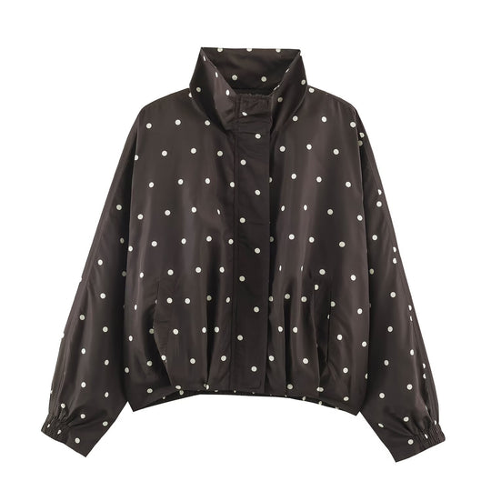 Damen Oversize-Windbreaker mit Tupfen-Print, hohem Stehkragen und elastischem Saum Nord Taschen