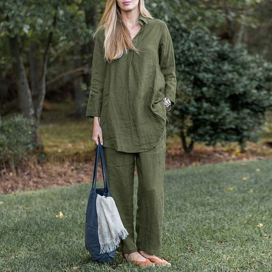 Damen Leinen-Loungewear-Set mit weitem Tunika-Hemd und lockerer Palazzo-Hose Nord Taschen