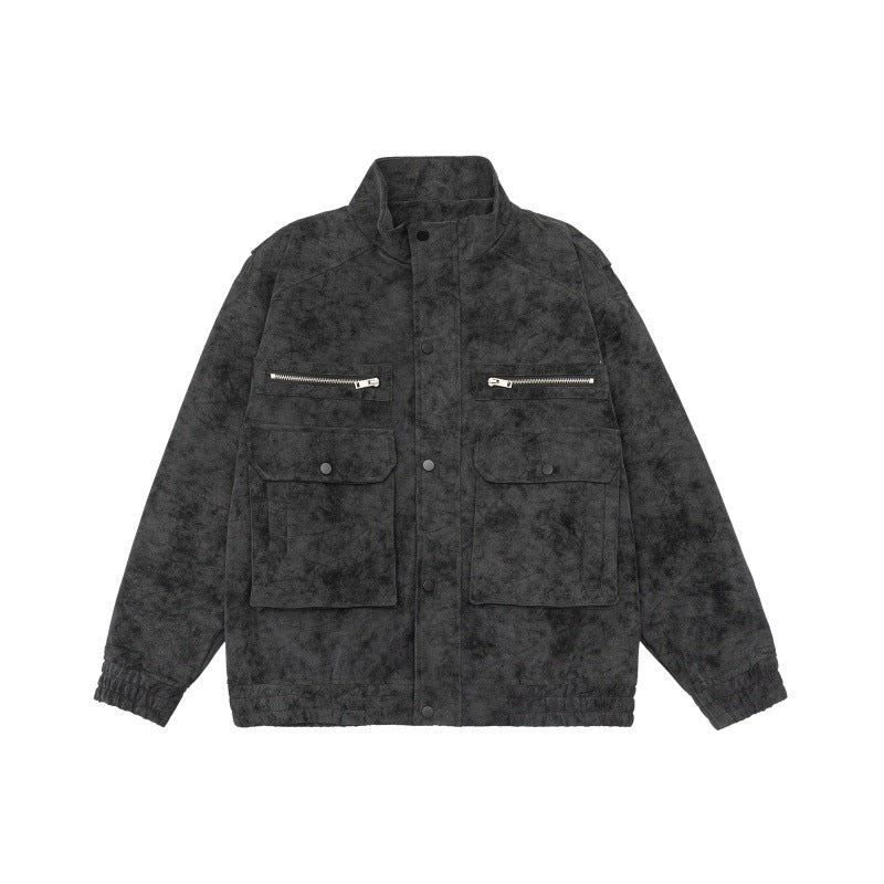 Herren Boxy Utility-Blousonjacke aus Veloursoptik mit Stehkragen und Mehrfachtaschen Nord Taschen