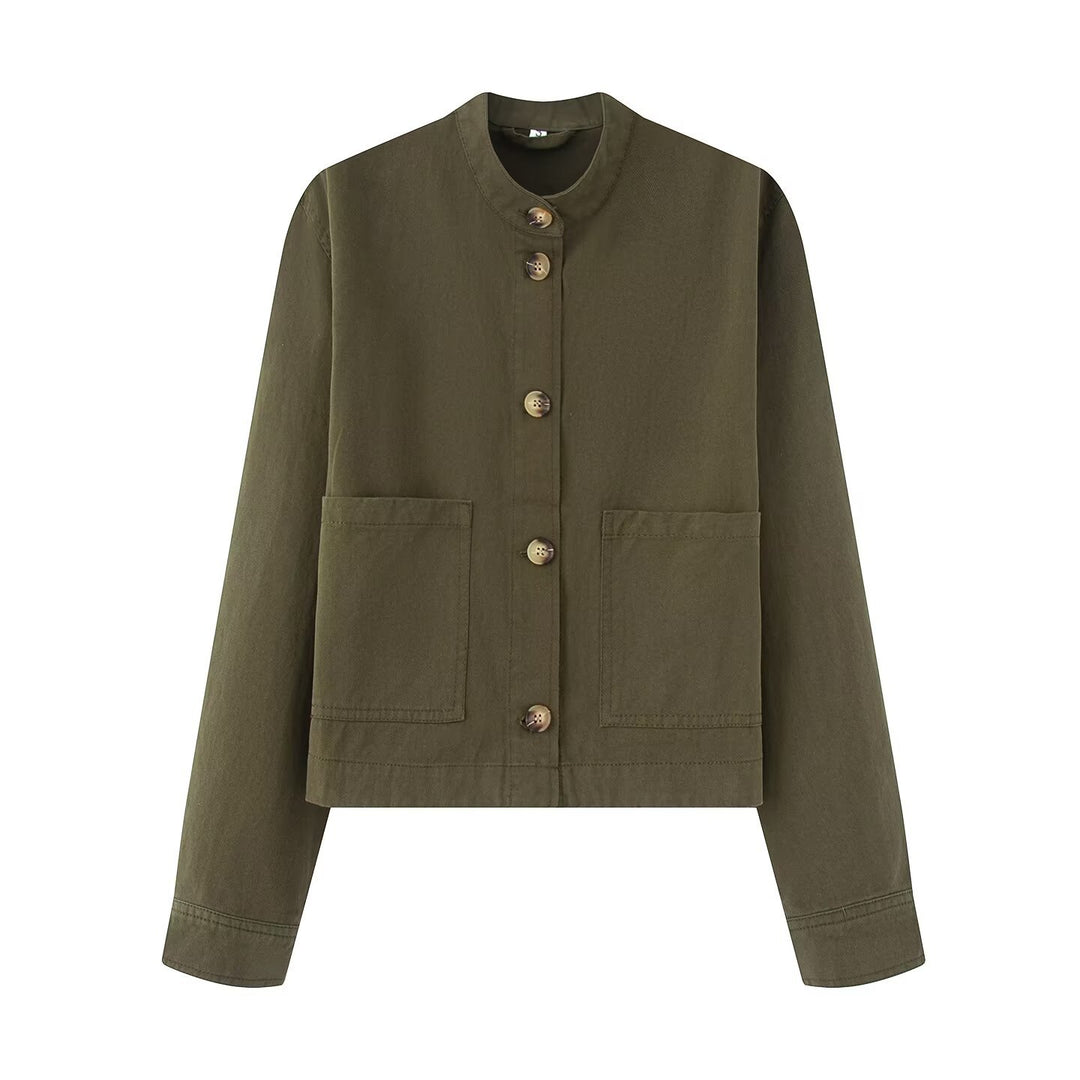 Damen Kurzjacke mit Stehkragen, Boxy‑Cropped Silhouette und aufgesetzten Taschen Nord Taschen