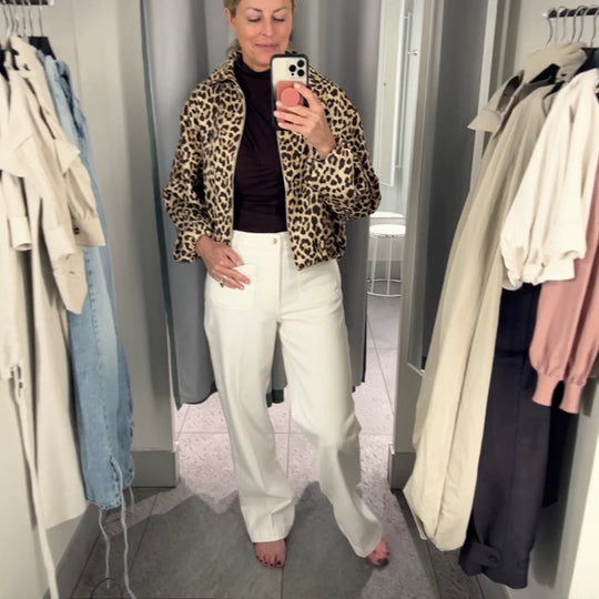 Damen gefütterte Oversize Bomberjacke mit Leopardenmuster und Stehkragen Nord Taschen