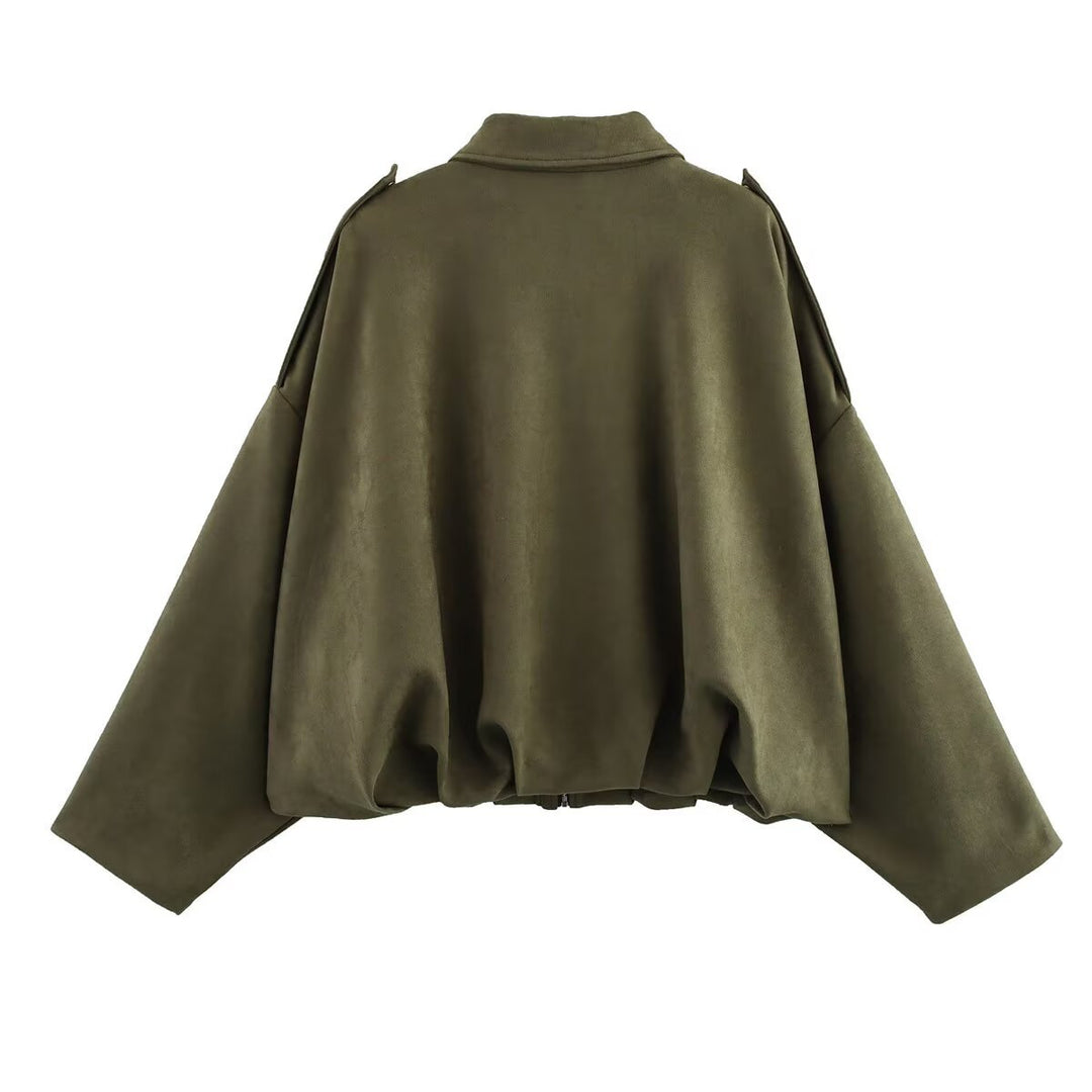Damen Gekürzte Oversize-Blousonjacke aus Veloursoptik mit Tunnelzugsaum und Schulterpatten Nord Taschen