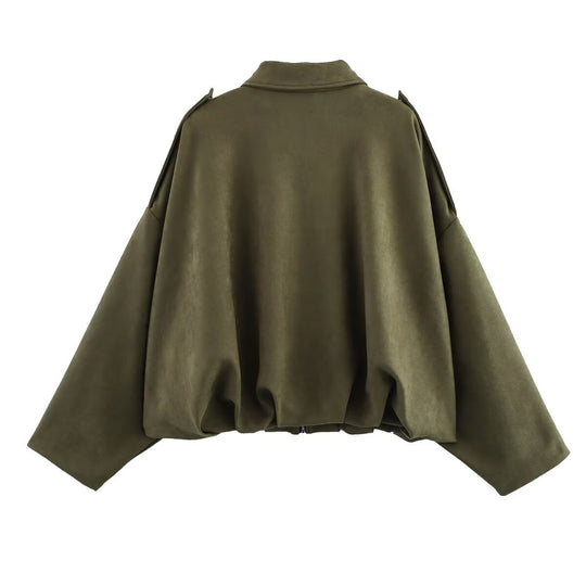 Damen Gekürzte Oversize-Blousonjacke aus Veloursoptik mit Tunnelzugsaum und Schulterpatten Nord Taschen