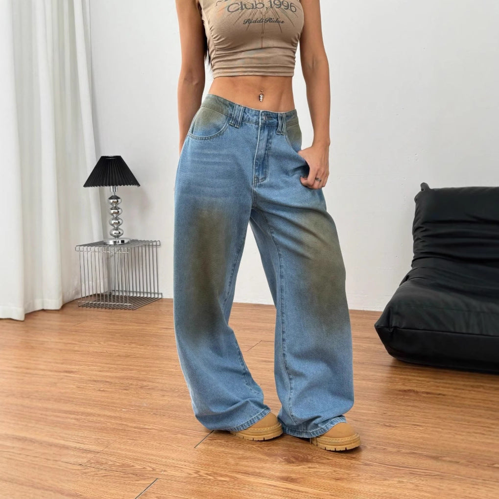 Damen weite High‑Waist-Jeans im Vintage-Wash mit verwaschener Fleckoptik und extra weitem Bein Nord Taschen