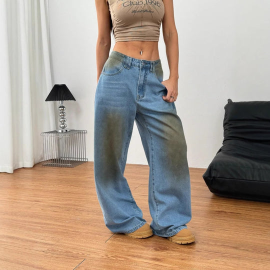 Damen weite High‑Waist-Jeans im Vintage-Wash mit verwaschener Fleckoptik und extra weitem Bein Nord Taschen