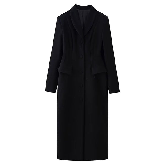 Damen taillierter langer Mantel mit Schalkragen und Peplum-Taille Nord Taschen