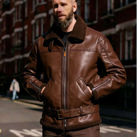Herren Kunstleder-Fliegerjacke mit Teddyfutter, Reißverschlüssen und Stehkragen Nord Taschen