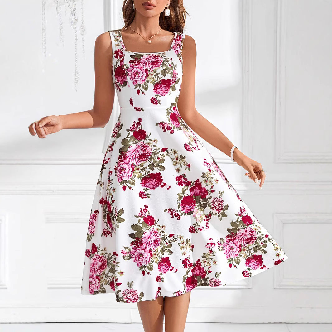 Damen Fließendes Blumenkleid mit weitem Rock und eleganter Taillierung