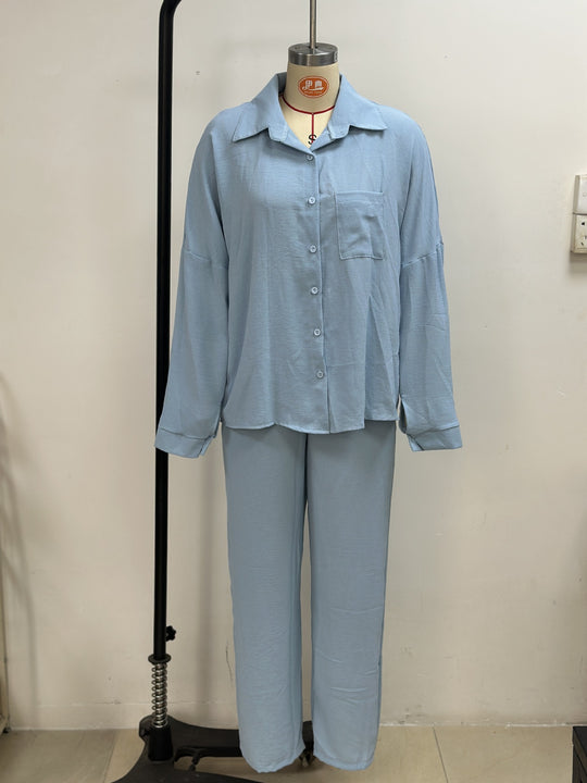 Damen Zweiteiliges Lounge-Set Oversize-Bluse mit Brusttasche und weiter Palazzo-Hose Nord Taschen