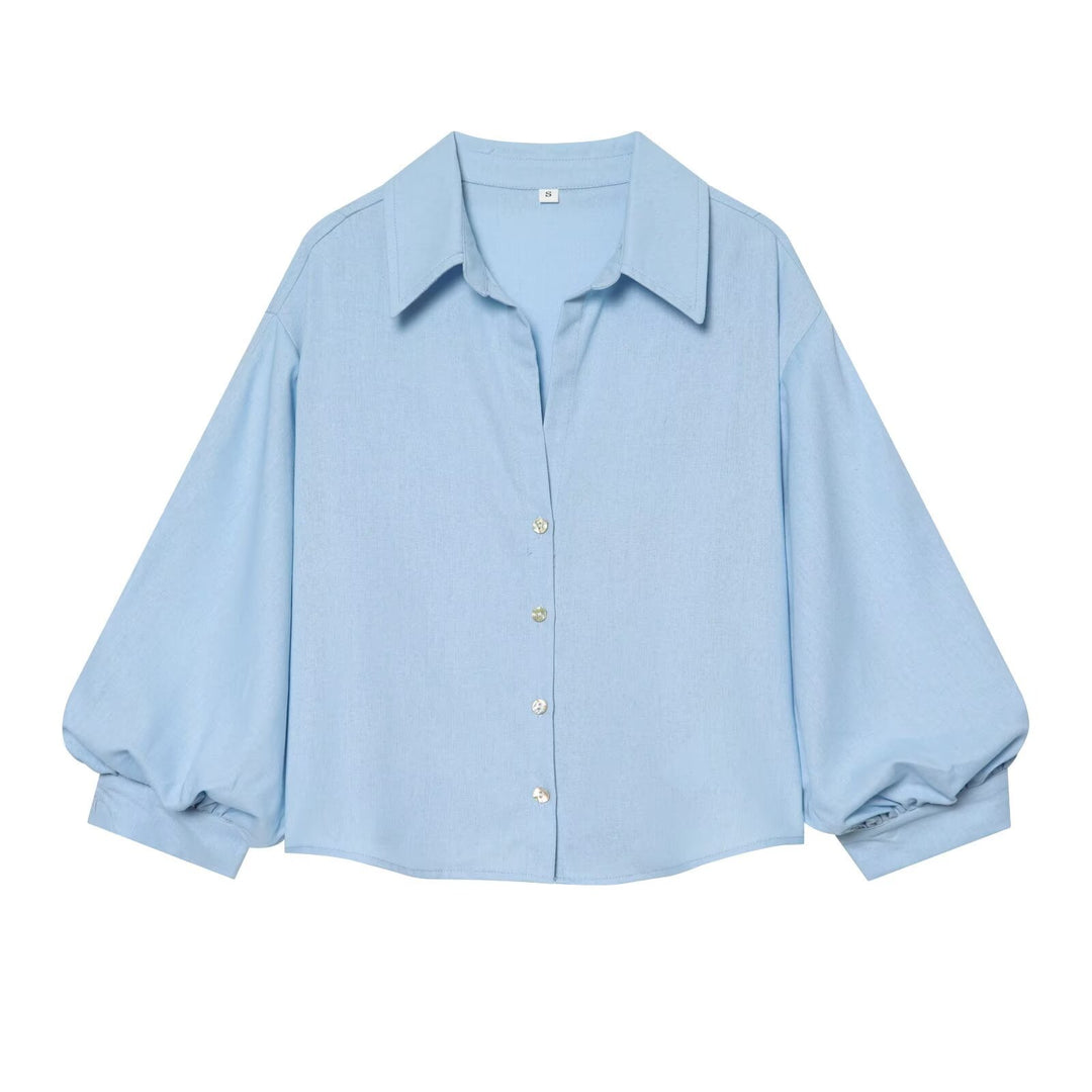 Damen weit geschnittene Oversize-Bluse mit Ballonärmeln und Hemdblusenkragen Nord Taschen