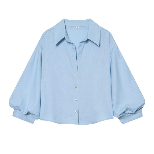 Damen weit geschnittene Oversize-Bluse mit Ballonärmeln und Hemdblusenkragen Nord Taschen