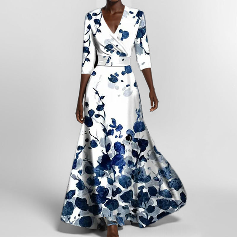 Elegantes V-Ausschnitt Bedrucktes Taillenkleid mit Schößchen